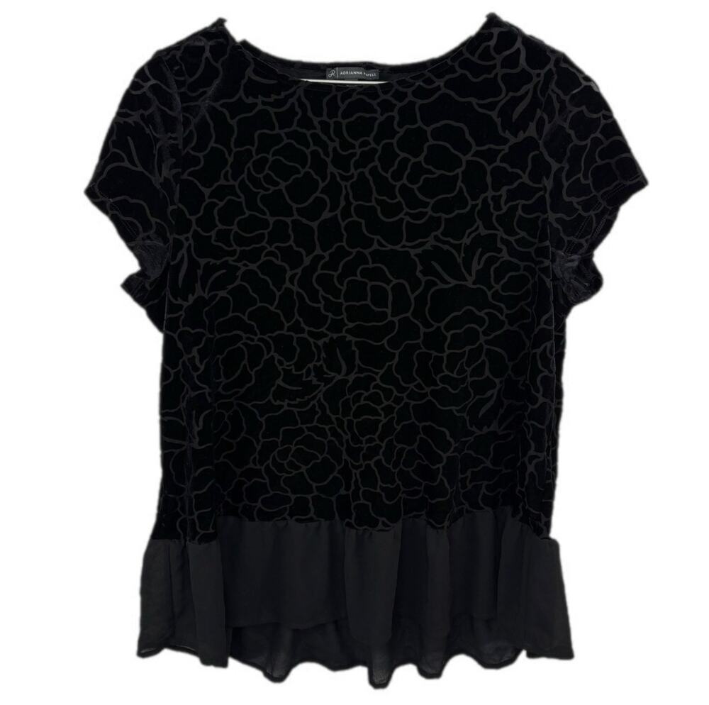 Adrianna Papell Black Flocked Velvet Ruffle Hem Top - Women's Size XL